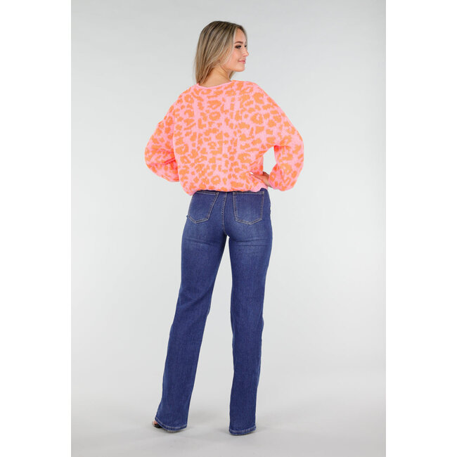 Neonpink Panther Print Sweater mit Schleifenverschluss vorne