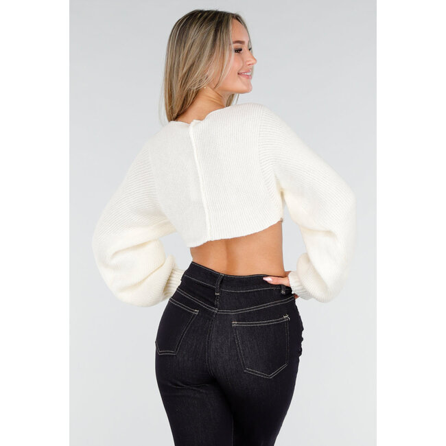 Gebrochener weißer, verkürzter Pullover mit Ballonärmeln und V-Ausschnitt