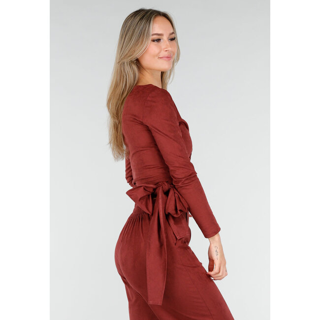 Rotes Wildleder-Look Wickeloberteil mit langen Ärmeln und Stretch