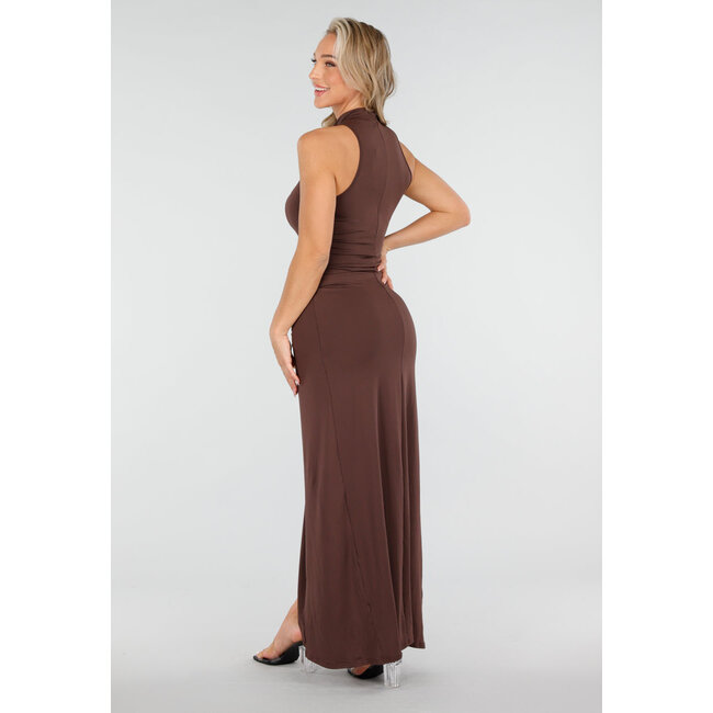 Langes Stretchkleid in Dunkelbraun mit hohem Schlitz