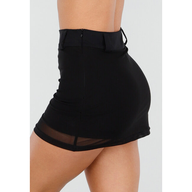Schwarzer Mesh-Skort mit Stretch und Gürtelschlaufen