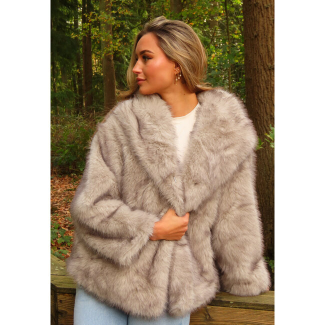 Taupefarbene Kunstfelljacke mit Kapuze