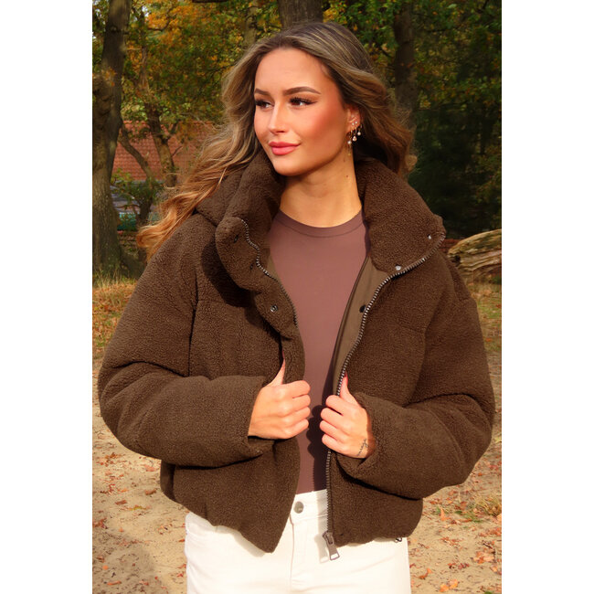 Braune Teddy-Daunenjacke mit hohem Kragen und Kapuze