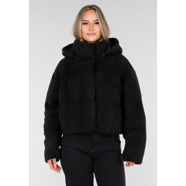 Schwarze Teddyjacke mit Kapuze und Reißverschluss