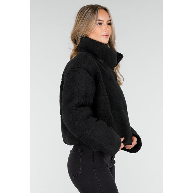 Schwarze Teddyjacke mit Kapuze und Reißverschluss