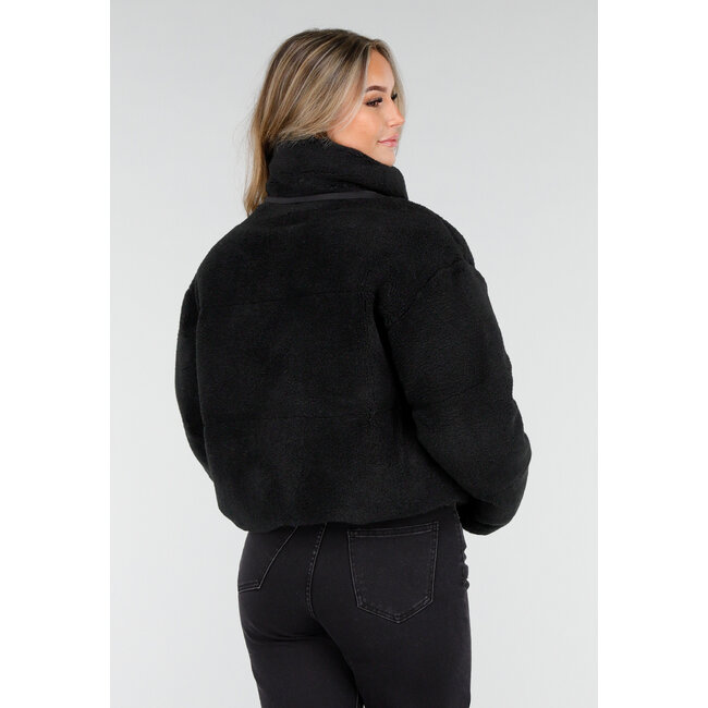 Schwarze Teddyjacke mit Kapuze und Reißverschluss