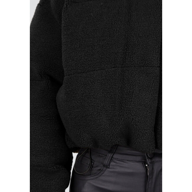 Schwarze Teddyjacke mit Kapuze und Reißverschluss