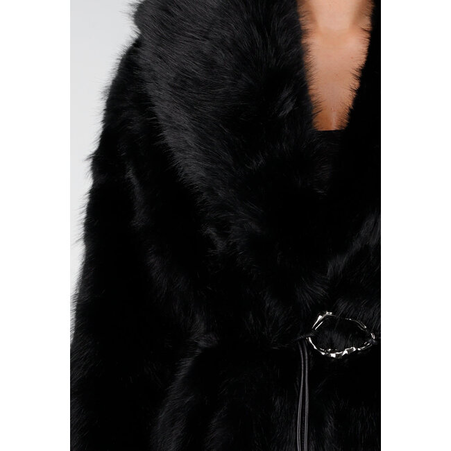 Schwarze Kunstfelljacke mit Gürtel