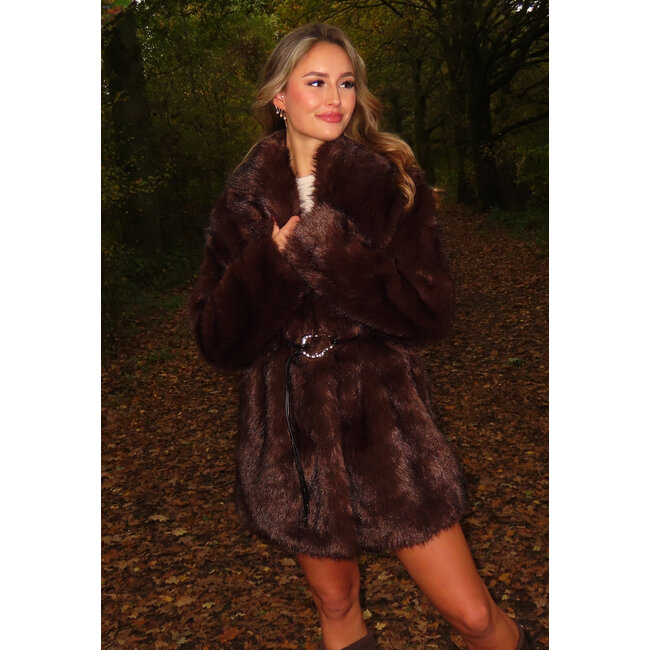 Dark Brown Faux Fur Coat with Belt