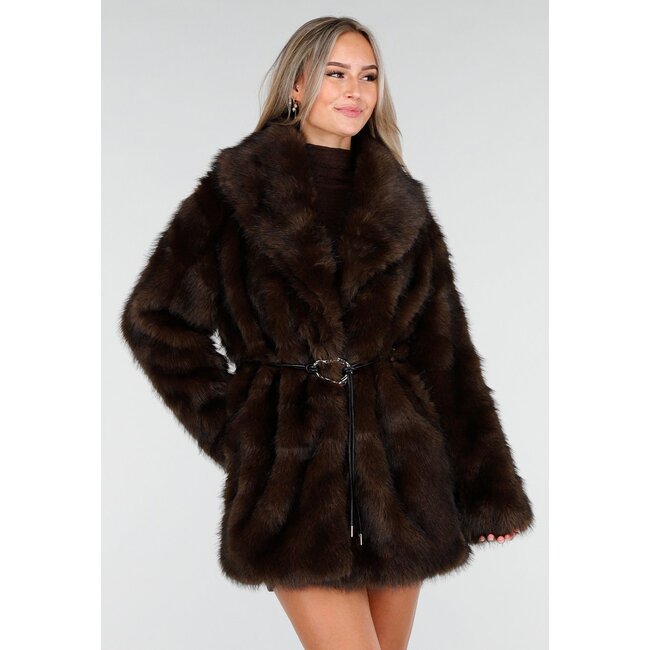 Dark Brown Faux Fur Coat with Belt