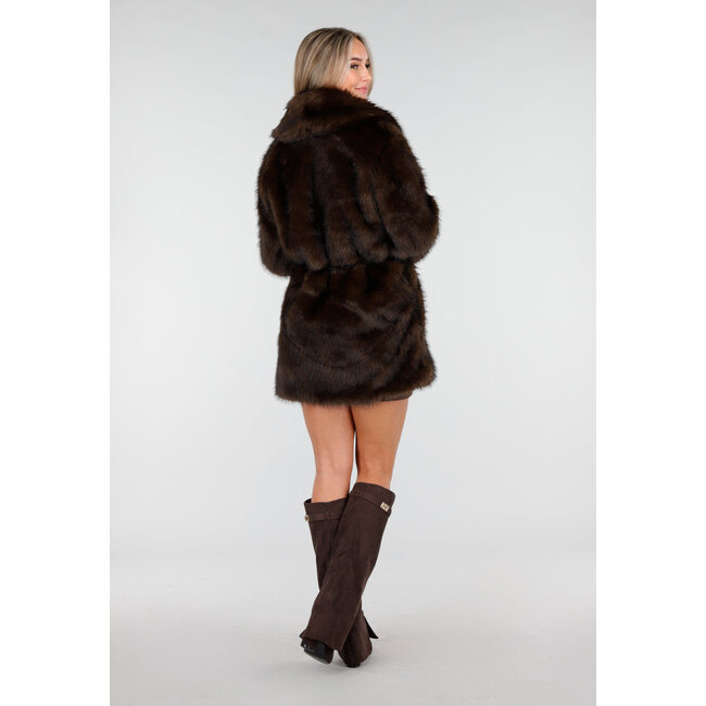 Dark Brown Faux Fur Coat with Belt