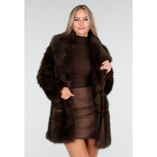 Dark Brown Faux Fur Coat with Belt