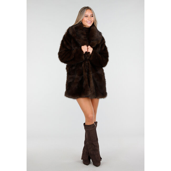 Dark Brown Faux Fur Coat with Belt