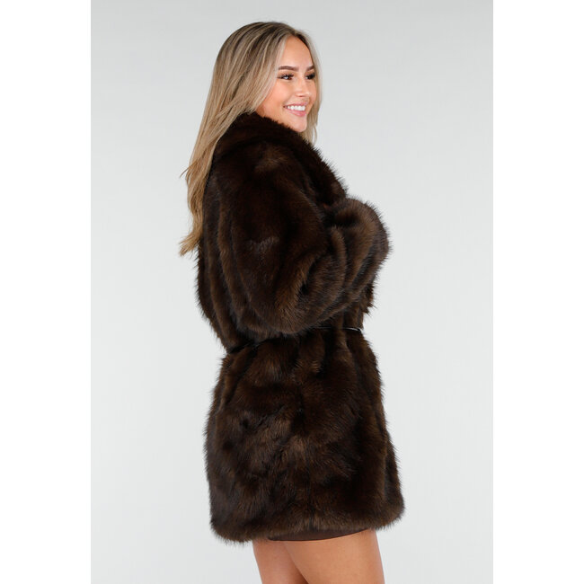 Dark Brown Faux Fur Coat with Belt