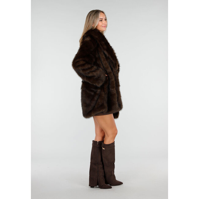 Dark Brown Faux Fur Coat with Belt