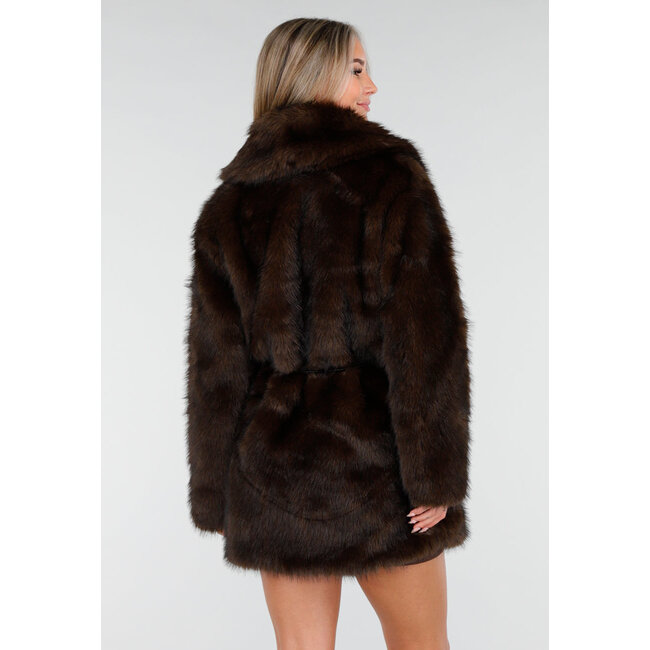 Dark Brown Faux Fur Coat with Belt
