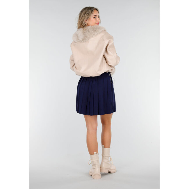 Beige Lederoptik Jacke mit Kunstfell