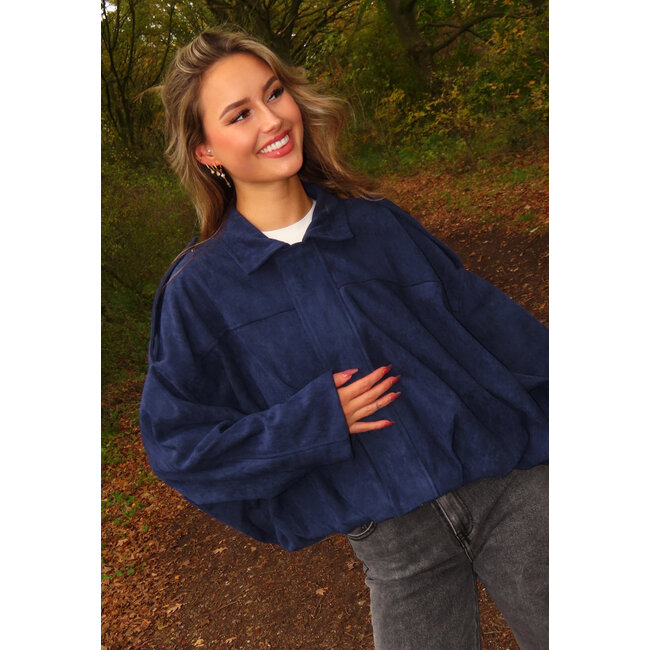 Dark Blue Suede Look Jacket with Zip and Button Closure