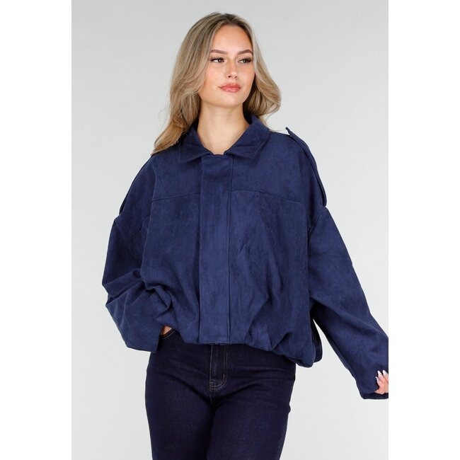 Dark Blue Suede Look Jacket with Zip and Button Closure
