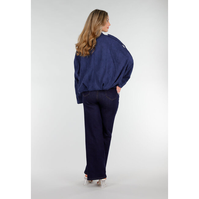Dark Blue Suede Look Jacket with Zip and Button Closure