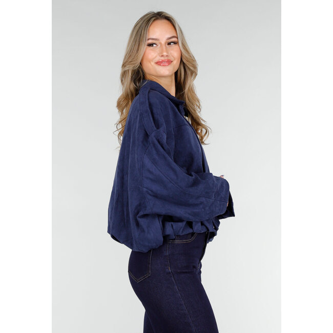 Dark Blue Suede Look Jacket with Zip and Button Closure