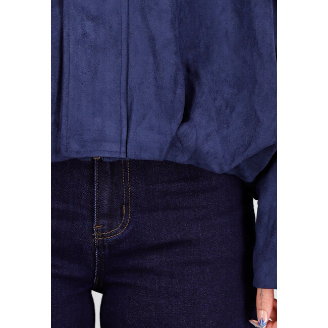 Dark Blue Suede Look Jacket with Zip and Button Closure