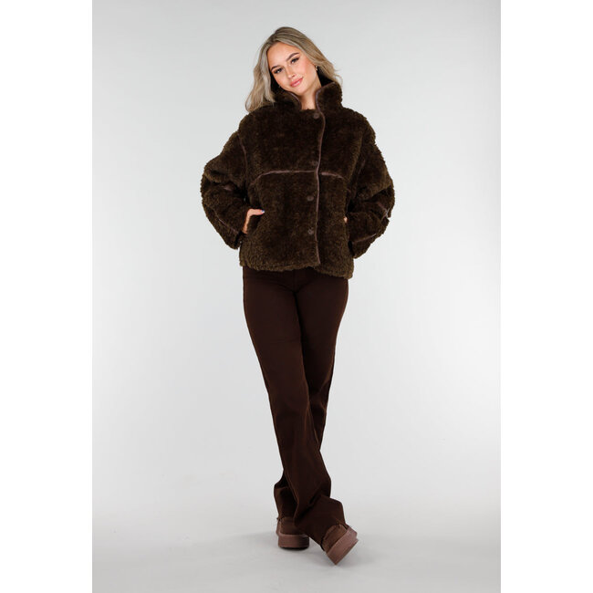 Dark Brown Teddy Jacket with Button Closure