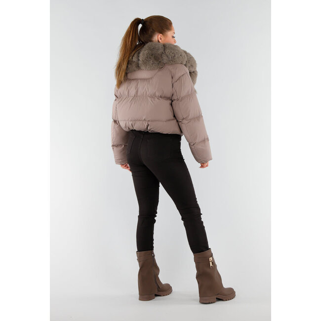 Taupe Pufferjacke mit breitem Kunstfellkragen