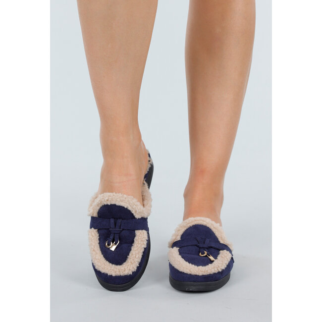 Navy Bouclé Slipper mit goldenem Detail