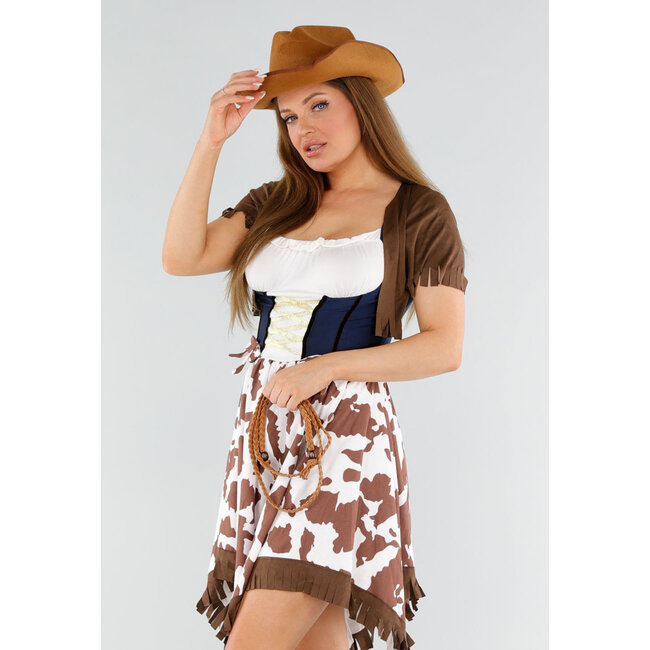 Cowgirl-Kostüm mit weißem Oberteil, braunen Fransen und Rock mit Kuhmuster