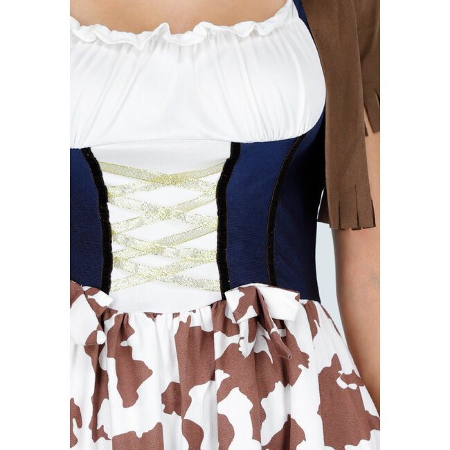 Cowgirl-Kostüm mit weißem Oberteil, braunen Fransen und Rock mit Kuhmuster