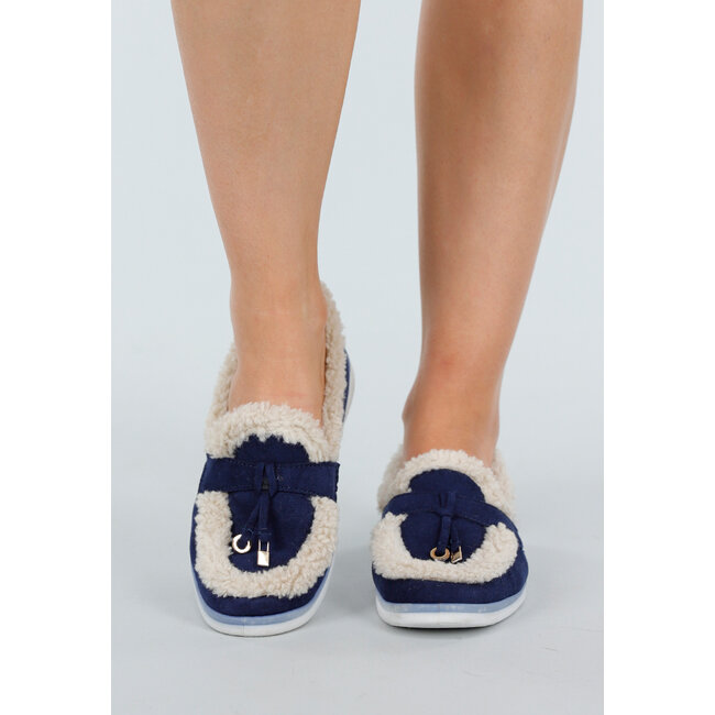 Dark Blue Loafers with Beige Fur Lining and White Sole
