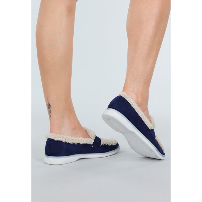 Dark Blue Loafers with Beige Fur Lining and White Sole