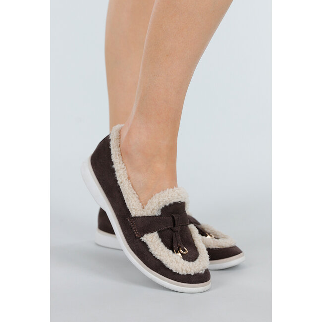 Dunkelbraune Teddy-Loafer mit goldfarbenen Details
