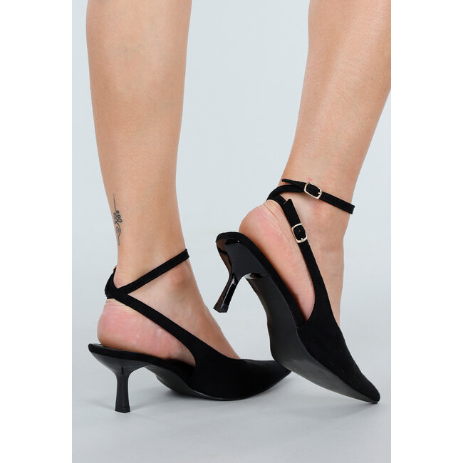 Schwarze Pumps im Wildleder-Look mit Knöchelriemen und niedrigem Absatz