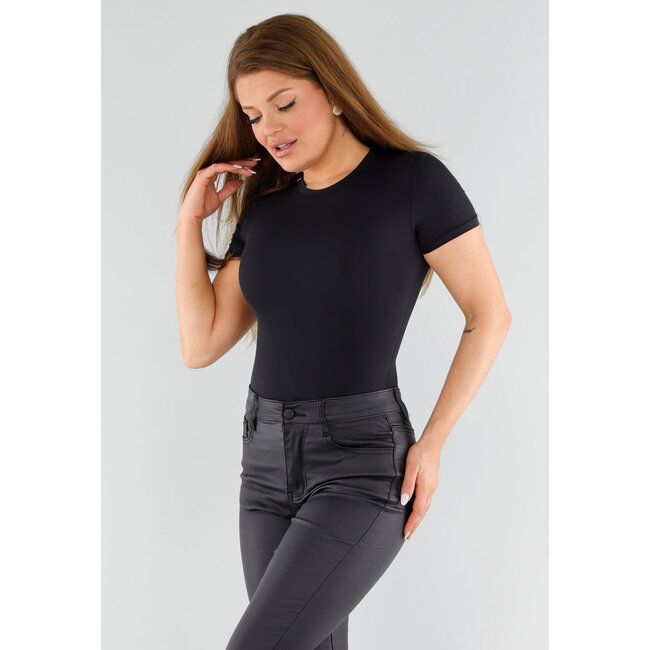 Schwarzer String-Body mit kurzen Ärmeln und Rundhalsausschnitt