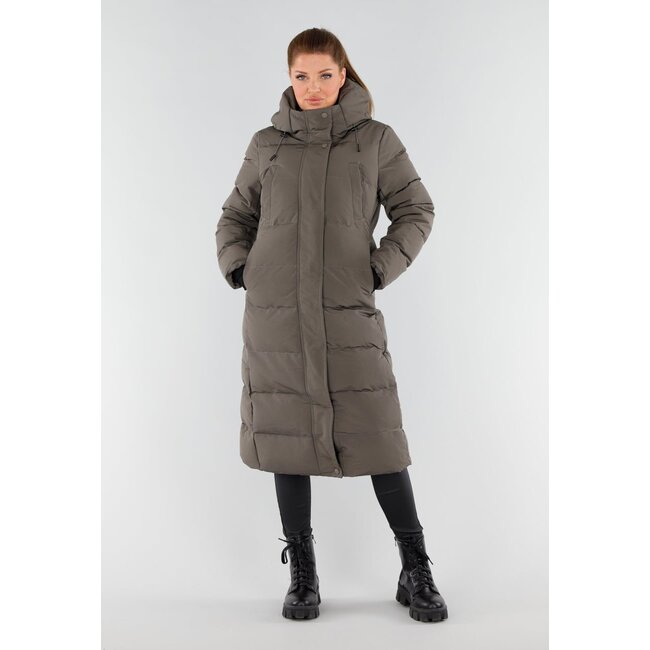 Khaki Lange Pufferjacke mit Kapuze und hohem Kragen