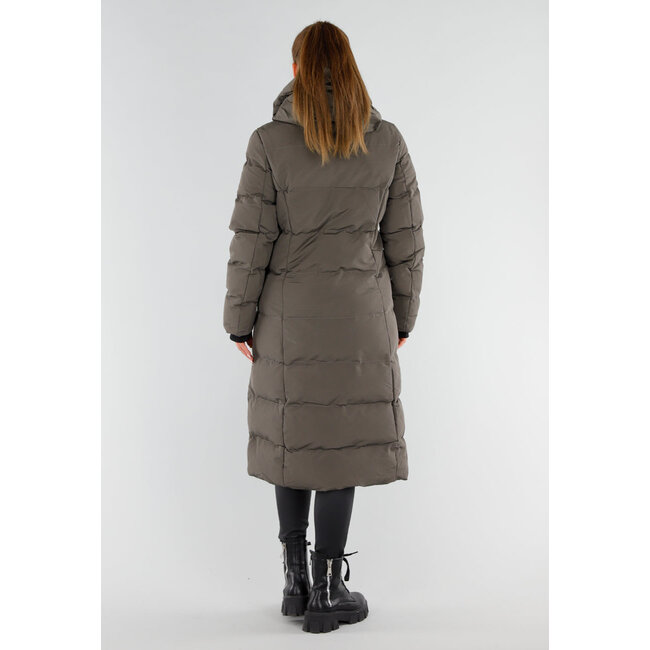 Khaki Lange Pufferjacke mit Kapuze und hohem Kragen