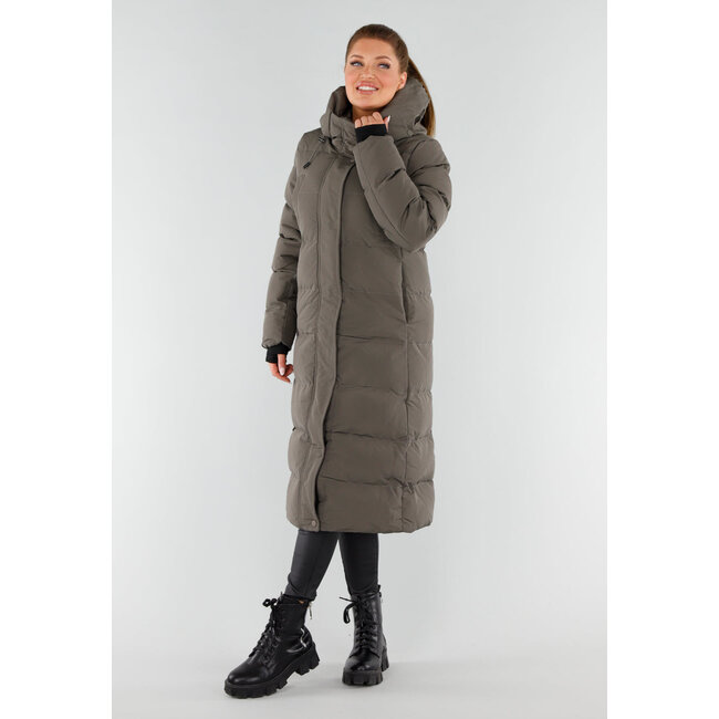 Khaki Lange Pufferjacke mit Kapuze und hohem Kragen