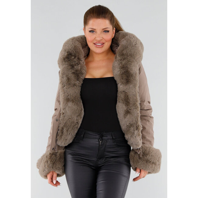 Taupe Kurze Jacke mit Kunstfellkragen