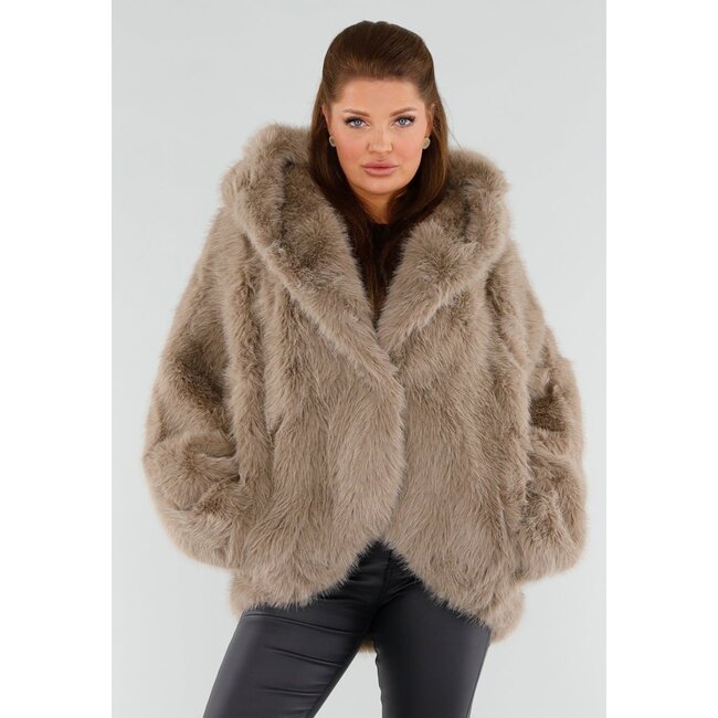 Beige Oversized Kunstfelljacke mit Kapuze