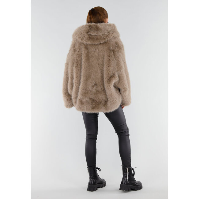 Beige Oversized Kunstfelljacke mit Kapuze