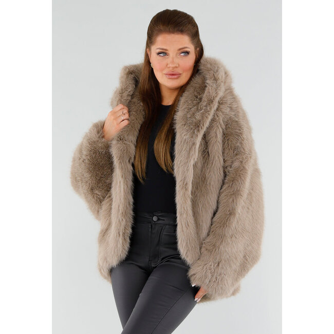 Beige Oversized Kunstfelljacke mit Kapuze