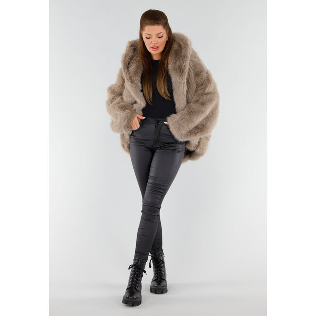 Beige Oversized Kunstfelljacke mit Kapuze