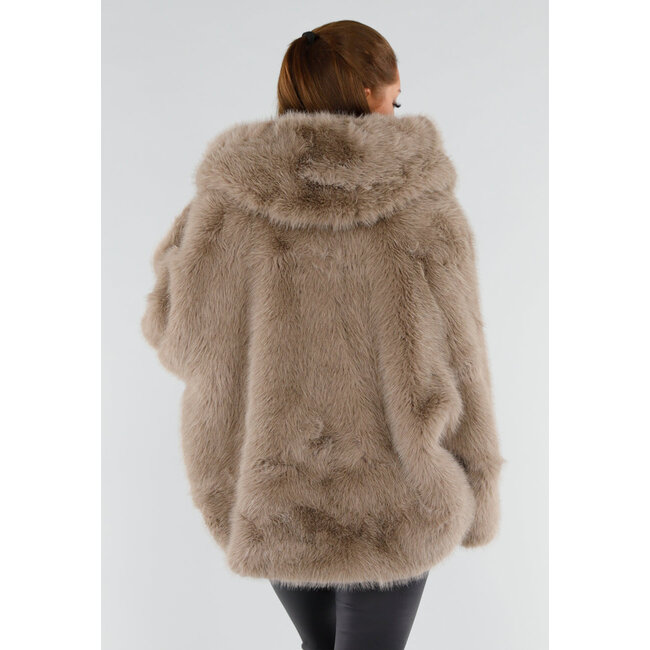 Beige Oversized Kunstfelljacke mit Kapuze