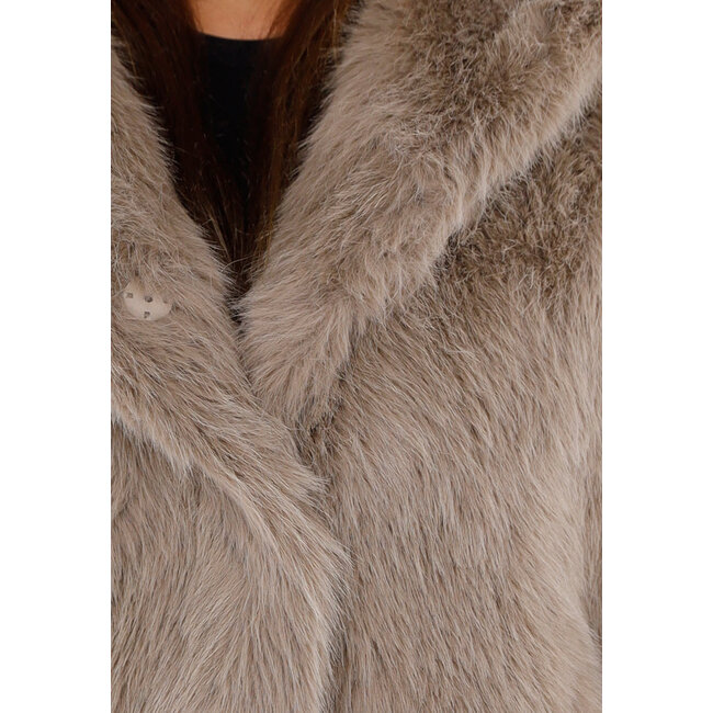 Beige Oversized Kunstfelljacke mit Kapuze