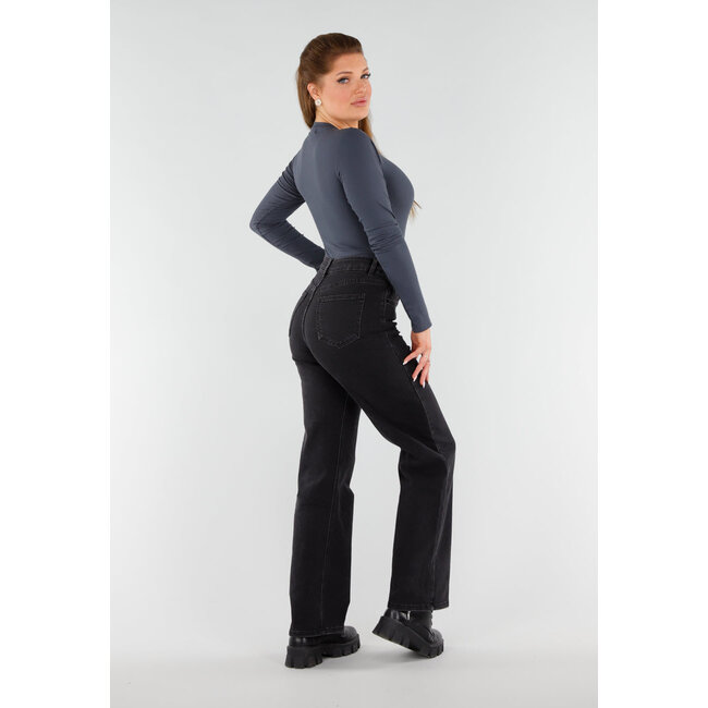 Dunkelgrauer gerippter String-Body mit langen Ärmeln und Rundhalsausschnitt