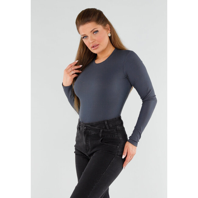 Dunkelgrauer gerippter String-Body mit langen Ärmeln und Rundhalsausschnitt