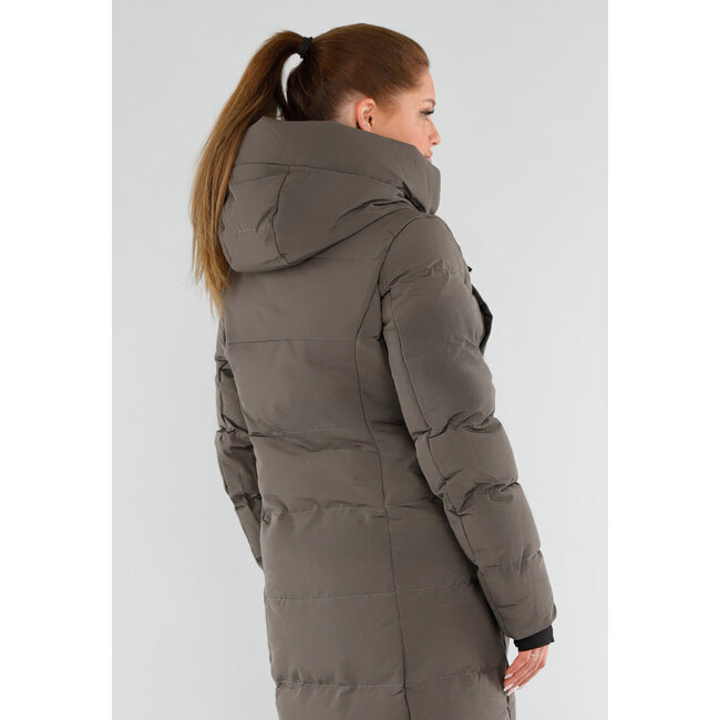 Khaki Lange Pufferjacke mit Kapuze und hohem Kragen