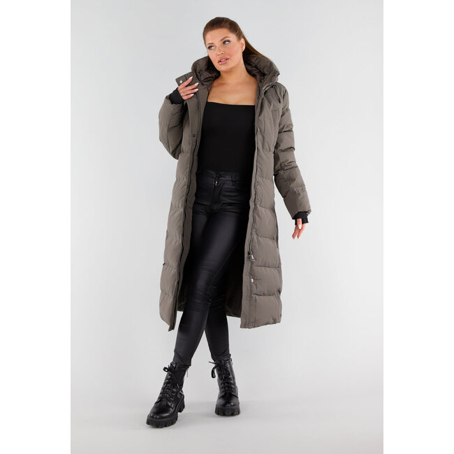 Khaki Lange Pufferjacke mit Kapuze und hohem Kragen